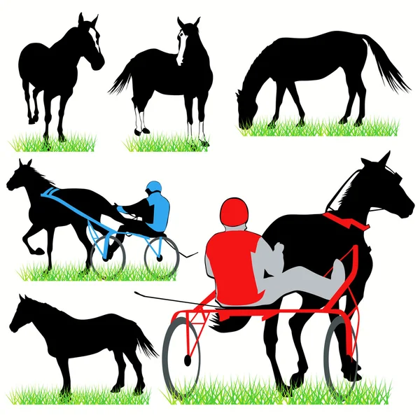 Jockeys e silhuetas de cavalos — Vetor de Stock