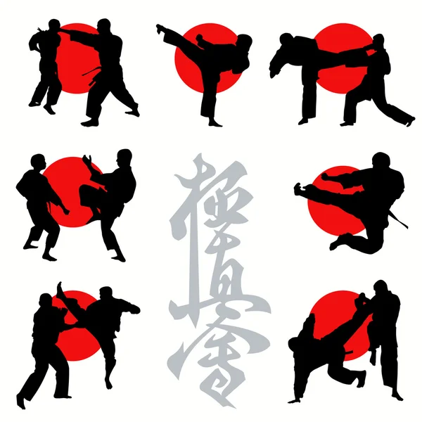 Conjunto de silhuetas de karatê Kyokushin — Vetor de Stock