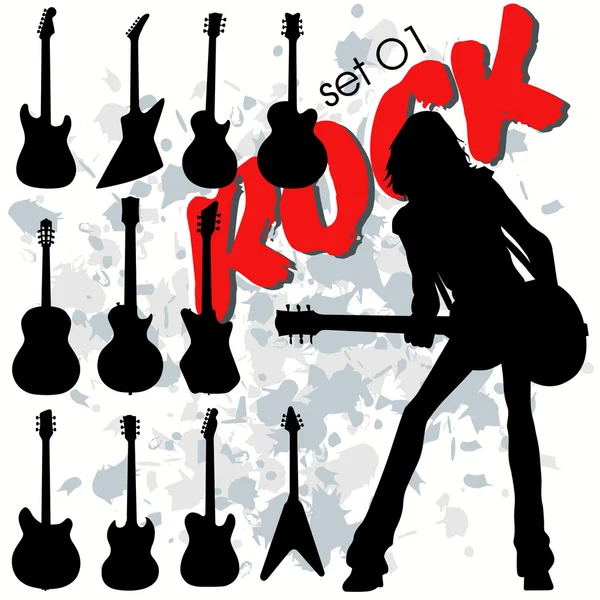 12 klasik rock gitar silhouettes — Stok Vektör