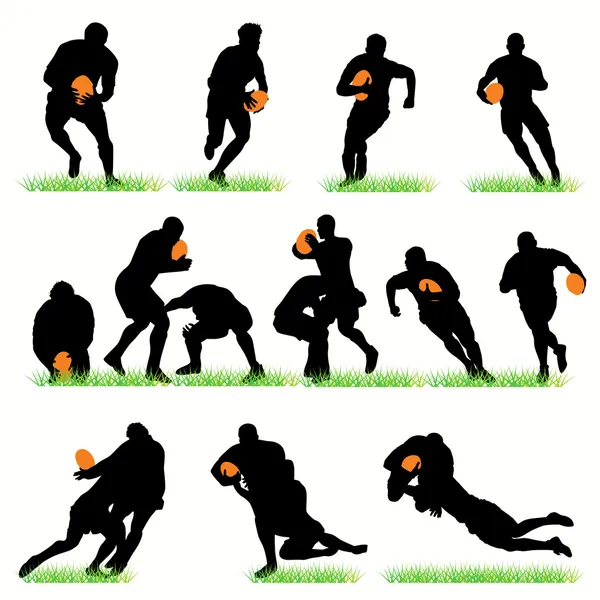 14 Rugby Players Silhouettes Set — Stock Vector