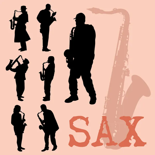 Saxofoon spelers silhouetten set — Stockvector