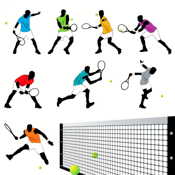 8 Jogo de silhuetas de jogadores de tênis — Vetor de Stock