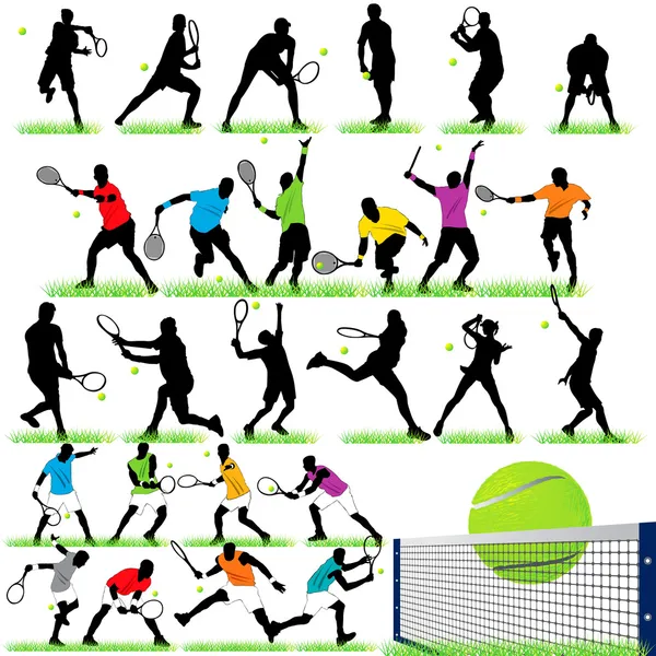 27 Jogo de silhuetas de jogadores de tênis —  Vetores de Stock