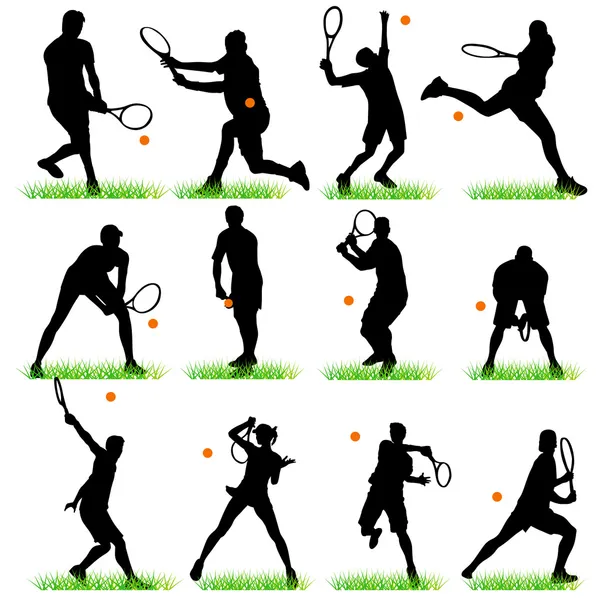 12 Tennis Players Silhouettes Set — Stock Vector