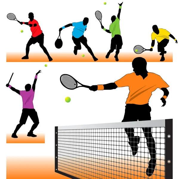 6 Tennis Players Silhouettes Set — Stock Vector