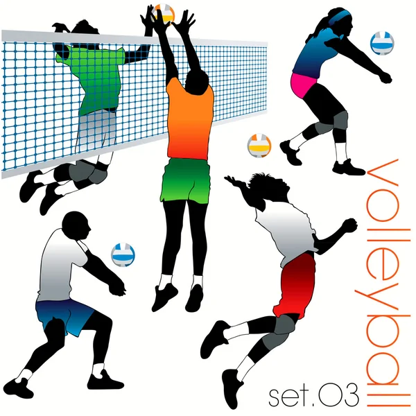 5 Juego de siluetas de jugadores de voleibol — Vector de stock