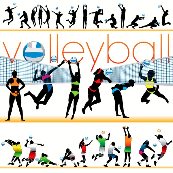 Ensemble de 30 silhouettes de joueurs de volley-ball — Image vectorielle