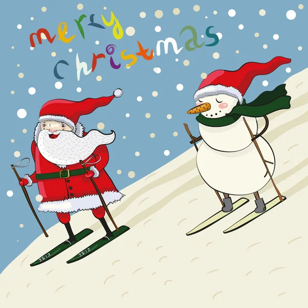 Cartoon santa and snowmen ski — Stock Vector