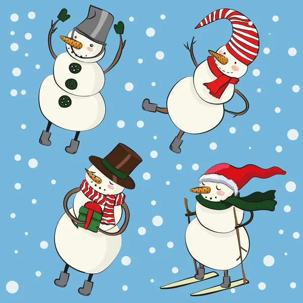 Divertidos muñecos de nieve de Navidad de dibujos animados — Vector de stock