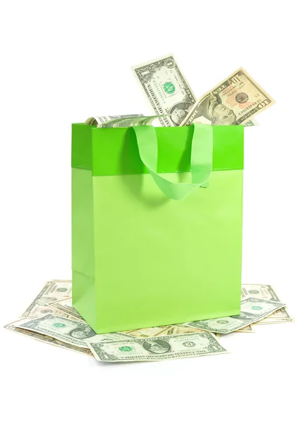 Shopping bag with money — Stock Photo, Image