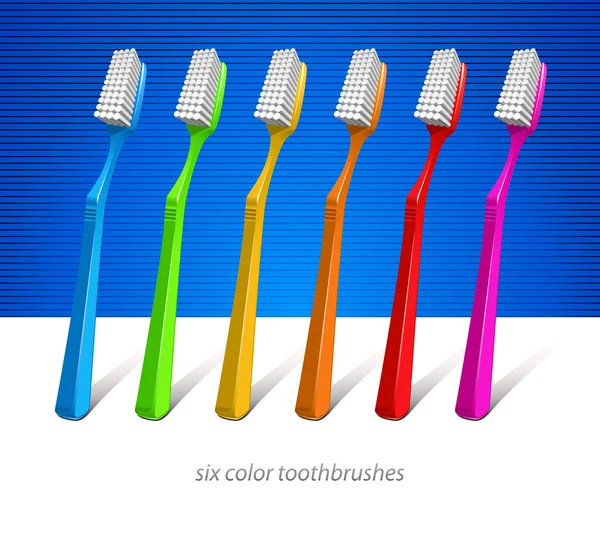 Seis escovas de dentes coloridas — Vetor de Stock