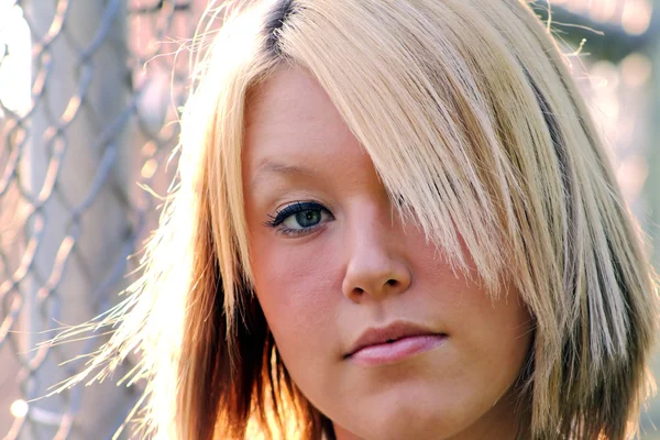 Closeup Serious Young Blond Woman — Stock Photo, Image