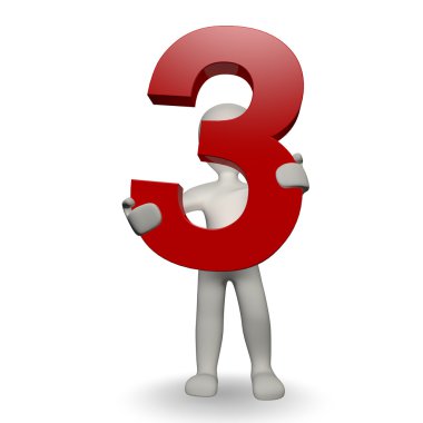 3D Human charcter holding number three clipart