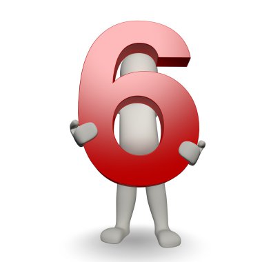 3D Human charcter holding number six clipart