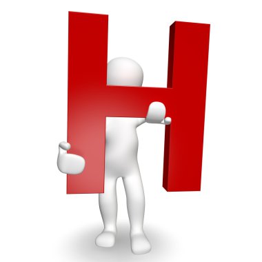 3D Human charcter holding red letter H clipart