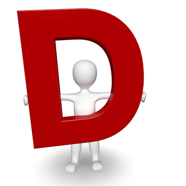 3D Charcter humano sosteniendo la letra roja D — Foto de Stock
