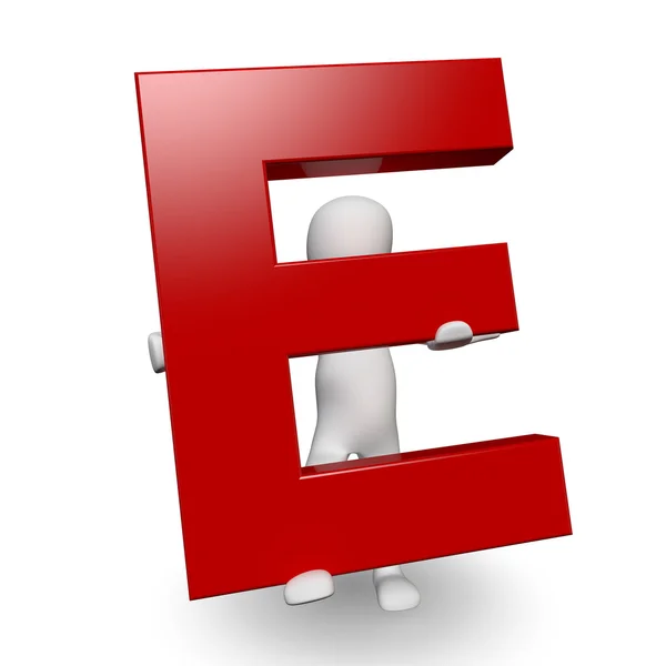 3D Human charcter holding red letter E — Stock Photo, Image