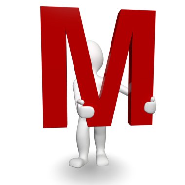 3D Human charcter holding red letter M clipart