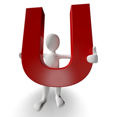 3D Human charcter holding red letter U clipart