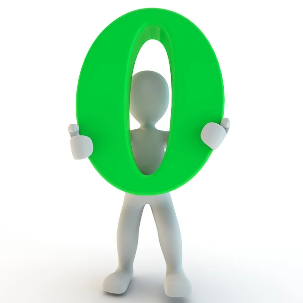 3D Charcter humano sosteniendo cero verde — Foto de Stock