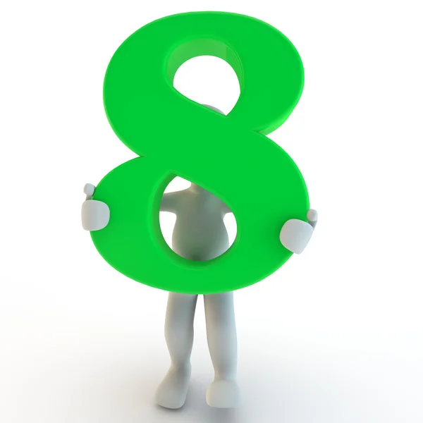 3D ανθρώπινη charcter κρατώντας πράσινο αριθμό οκτώ — Φωτογραφία Αρχείου