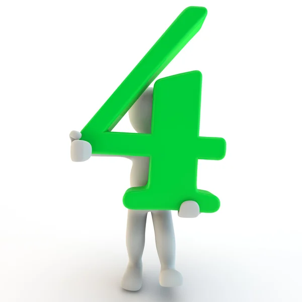 3D ανθρώπινη charcter εκμετάλλευση πράσινο αριθμός τέσσερα — Φωτογραφία Αρχείου