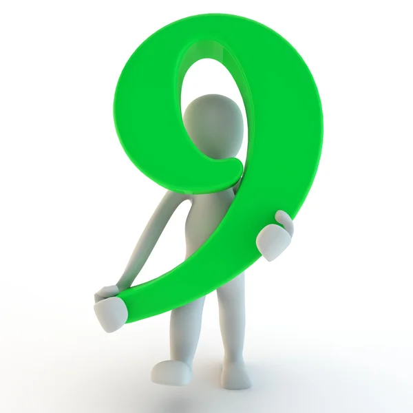 3D ανθρώπινη charcter κρατώντας πράσινο αριθμό εννέα — Φωτογραφία Αρχείου