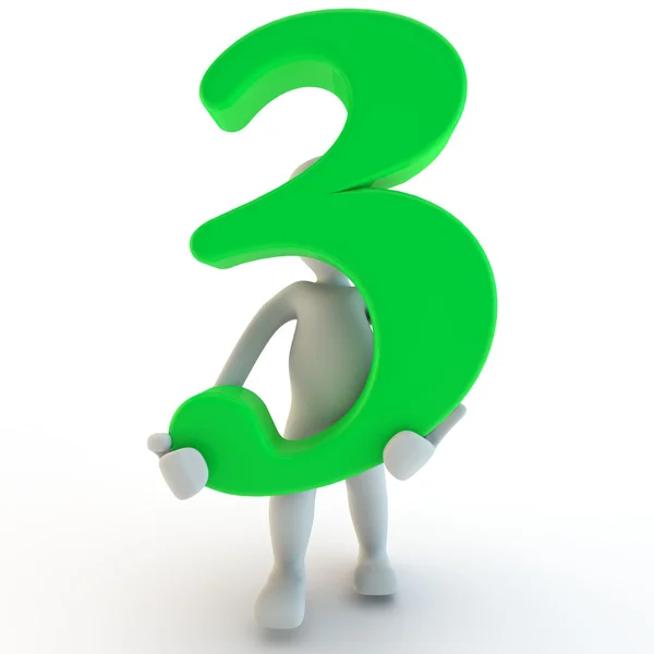 3D ανθρώπινη charcter εκμετάλλευση πράσινο νούμερο τρία — Φωτογραφία Αρχείου