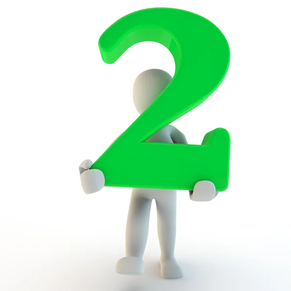 3d menschliche Zeichen, die grüne Zahl zwei halten — Stockfoto