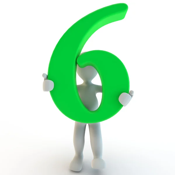 Chartre humain 3D tenant le numéro vert six — Photo