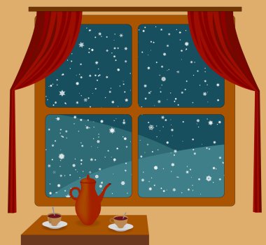 Snowfall outside of a cozy room clipart