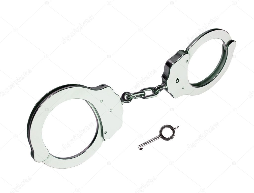 Metal handcuffs with key isolated on white background — Stock Photo