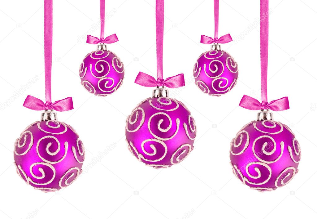 Boules De Noël Rose Avec Noeuds Sur Le Fond Blanc