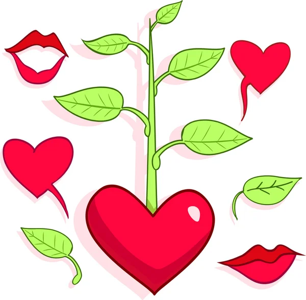 Wzory miłości, serca, drzewo i liści — Wektor stockowy