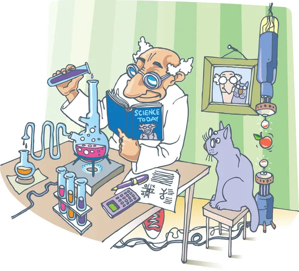 Der Wissenschaftler und seine Katze. — Stockvektor