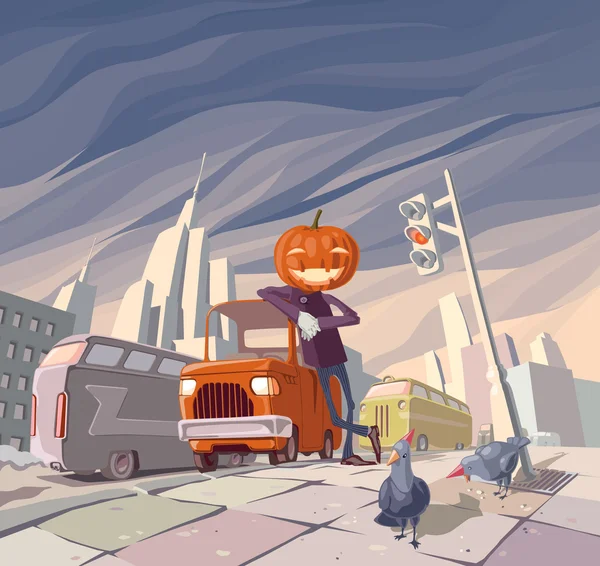 Jack o ' Lantern en zijn oranje auto — Stockvector