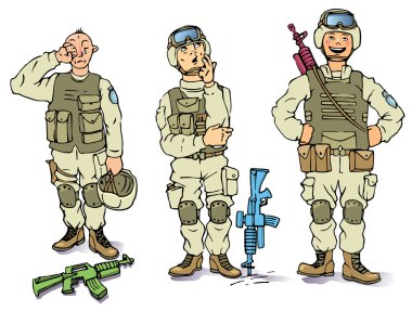 Three soldiers - the sad, the thoughtful and the happy. clipart