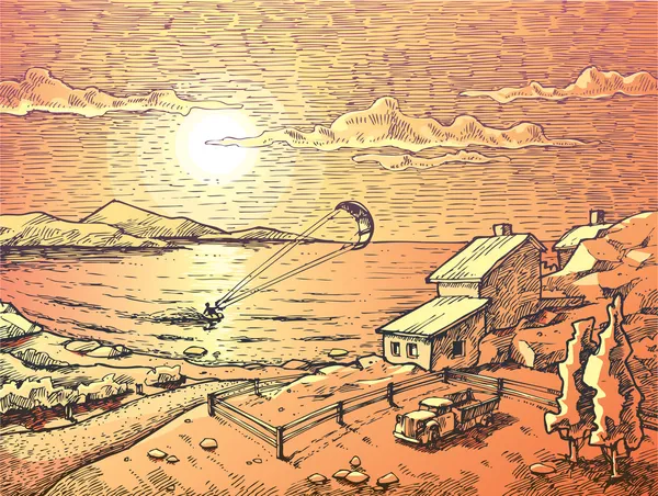 Ηλιοβασίλεμα kite-surfing.. — Διανυσματικό Αρχείο
