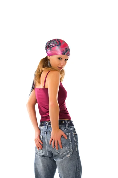 Svůdná mladá dívka v džíny na bílém pozadí — Stock fotografie