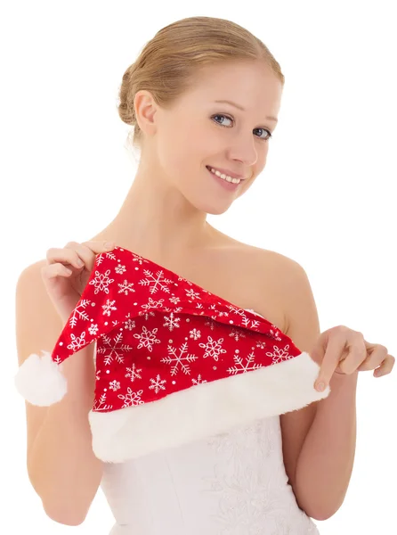 Beautiful girl holding a Christmas hat — Stock Photo, Image