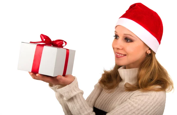 Attractive young girl with Christmas present — Stock Photo, Image