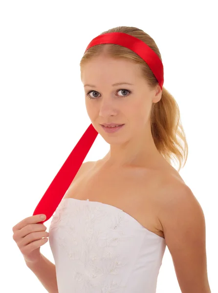 Attraktiva flicka med ett rött band — Stockfoto