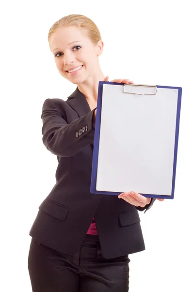 Mulher de negócios com uma pasta de representação — Fotografia de Stock