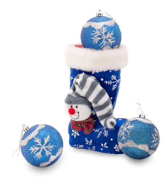 Blue Christmas stocking and three balls — Stock Photo, Image