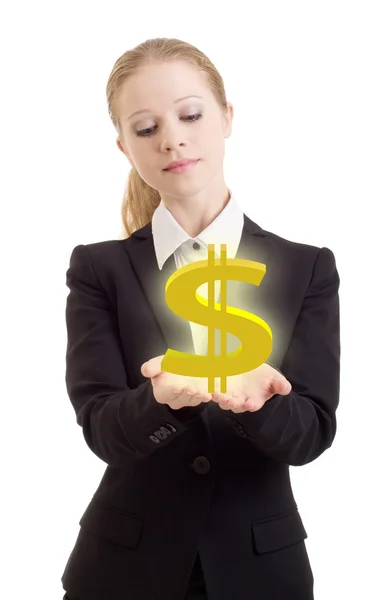 Γυναίκα των επιχειρήσεων κατέχει το σύμβολο του δολαρίου — Φωτογραφία Αρχείου