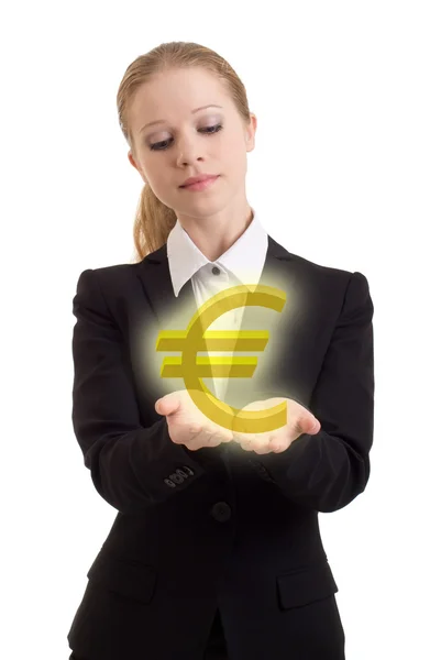 Zakenvrouw kiest gouden eurosymbool — Stockfoto
