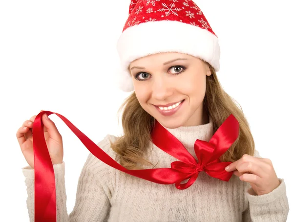Vánoční dívka s červenou stuhu — Stock fotografie
