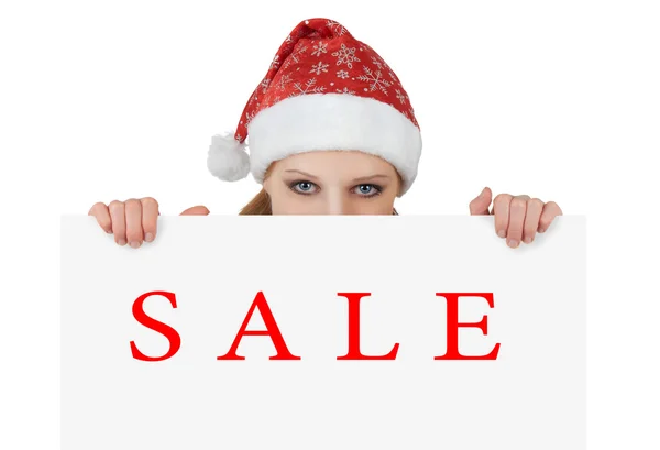Christmas Santa woman is showing blank empty billboard. sale. — Stock Photo, Image