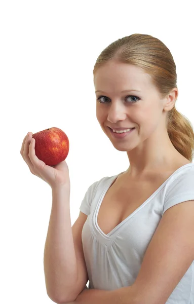 Όμορφη κοπέλα που κρατά ένα κόκκινο μήλο — Φωτογραφία Αρχείου