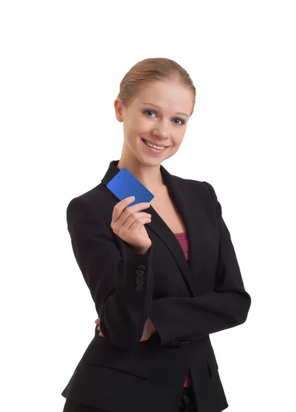 Mulher de negócios com um cartão bancário — Fotografia de Stock